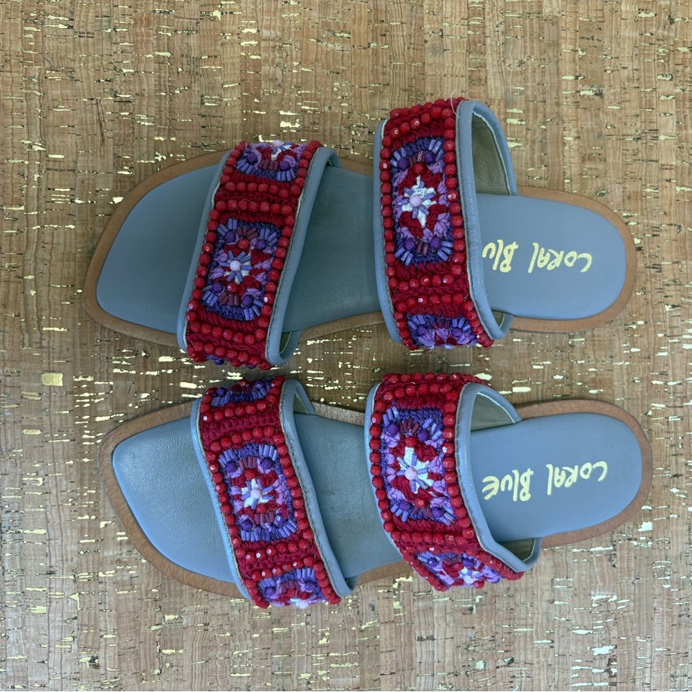 Anthropologie Coral Blue Beaded Red Slide Sandals